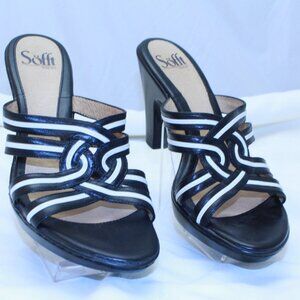 Sofft Size 8.5M Black White Veneta Woven Strap Backless Slide Mule Heeled Sandal